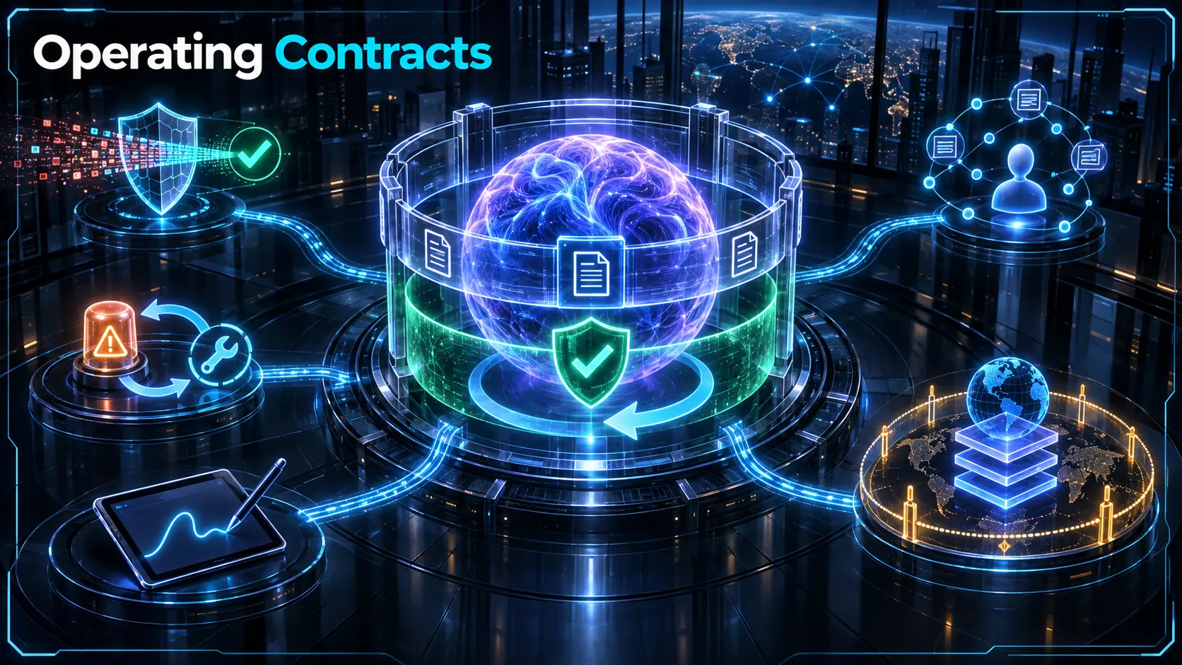 An abstract control room showing bounded AI agent operations and visible evidence trails