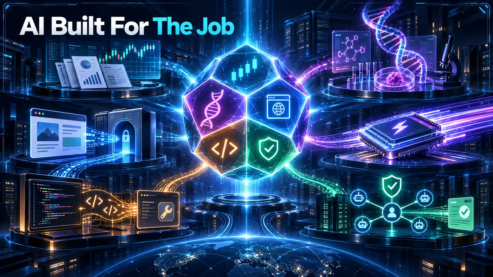 An abstract illustration of specialist AI systems arranged around distinct professional jobs.