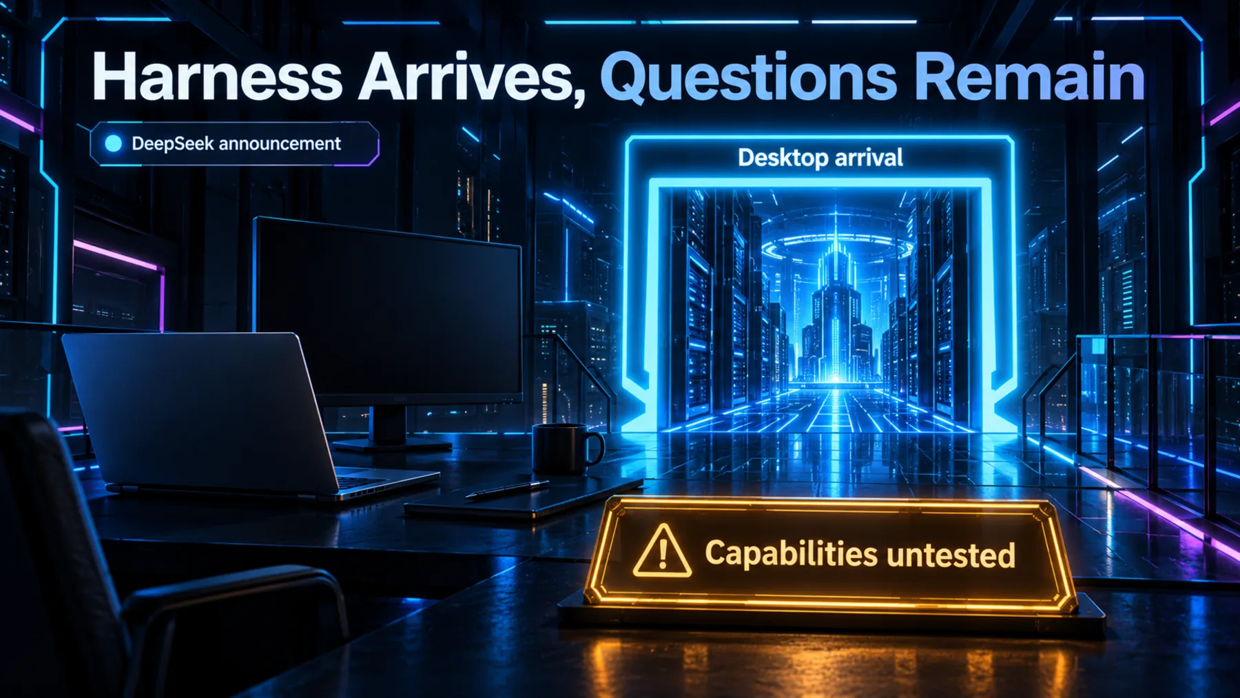 A conceptual luminous desktop doorway beside neutral computer forms signals DeepSeek’s announcement while an amber boundary marks capabilities as untested.