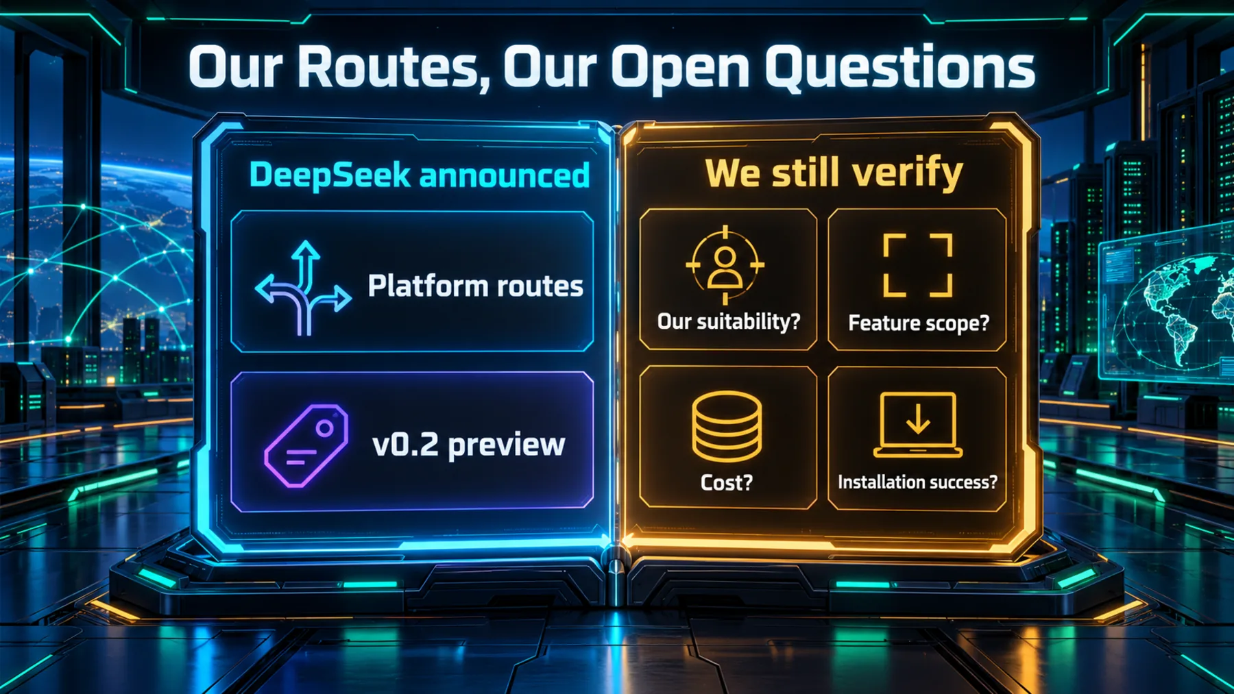 Two separated regions contrast DeepSeek’s announced platform routes and preview wording with our unresolved questions about suitability, feature scope, cost and installation success.