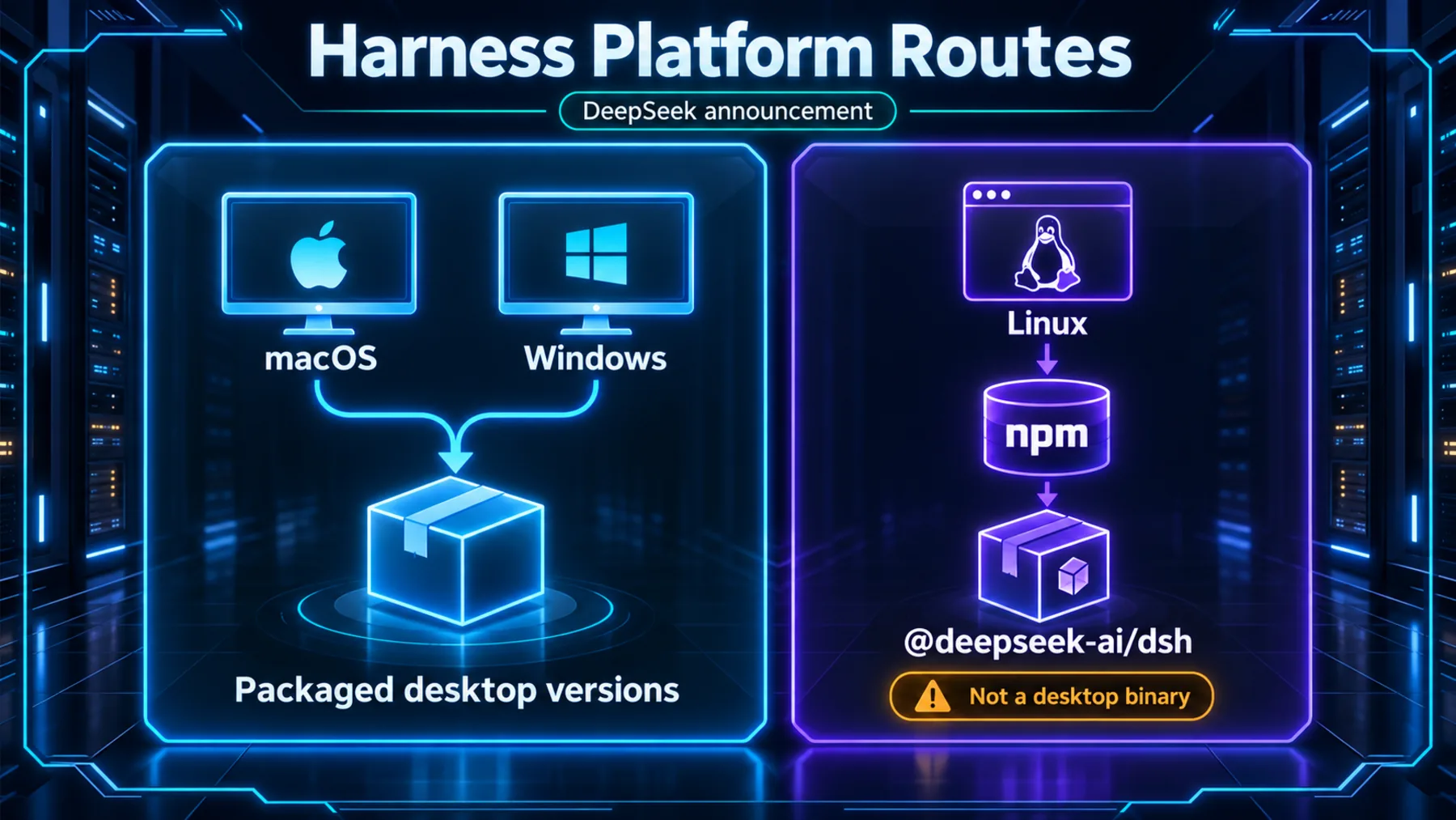 Comparison of the announced macOS and Windows packaged desktop versions with Linux’s @deepseek-ai/dsh npm route, which is not a desktop binary.