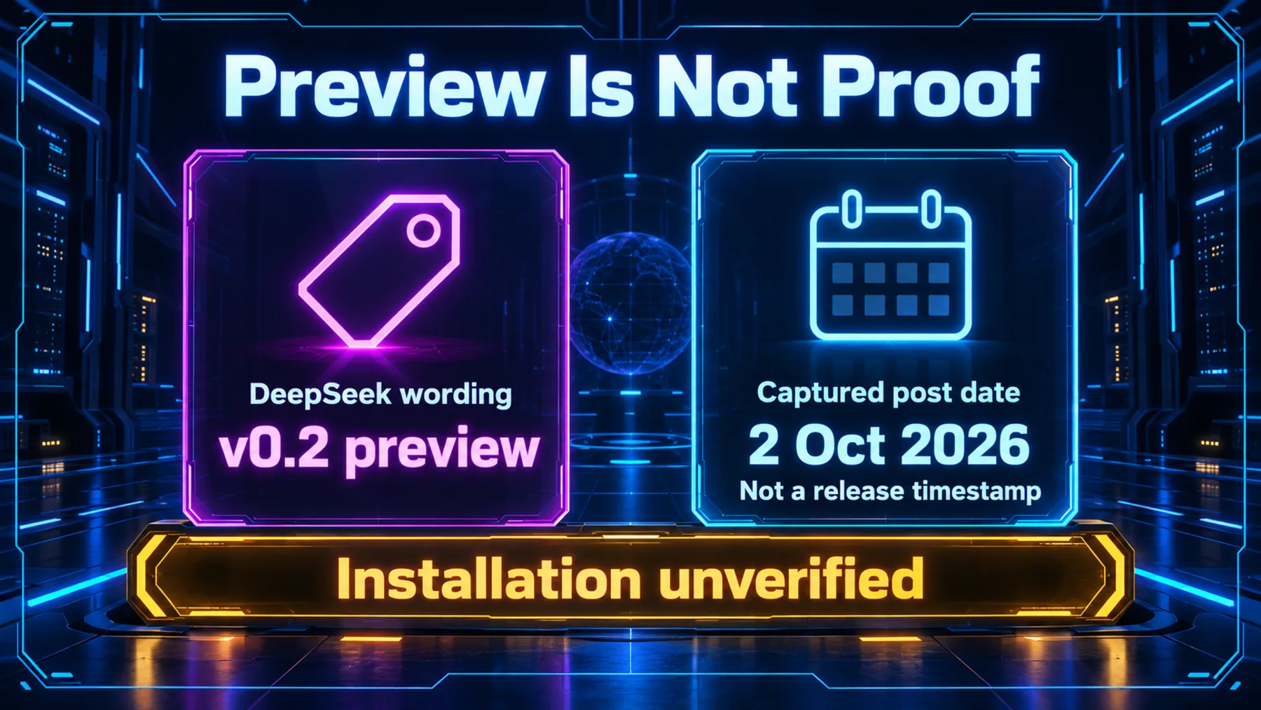 Separate cards distinguish DeepSeek’s v0.2 preview wording from the captured post display date, 2 Oct 2026; neither establishes a release timestamp or successful installation.