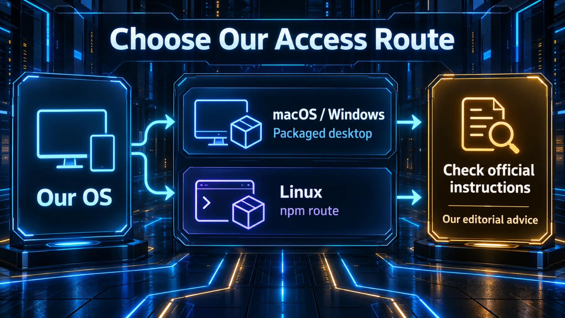 Our OS branches to packaged macOS and Windows desktop versions or the Linux npm route, ending at an editorial instruction-check gate.