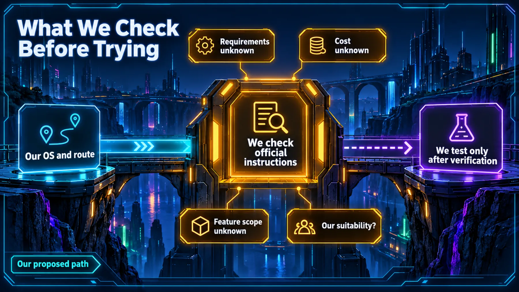 Our proposed pre-use path checks official instructions and unresolved requirements, cost, feature scope and suitability before considering a bounded test.