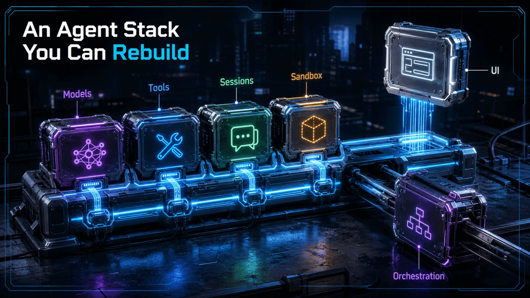 Modular agent workbench with removable Models, Tools, Sessions, Sandbox, Orchestration and UI components.