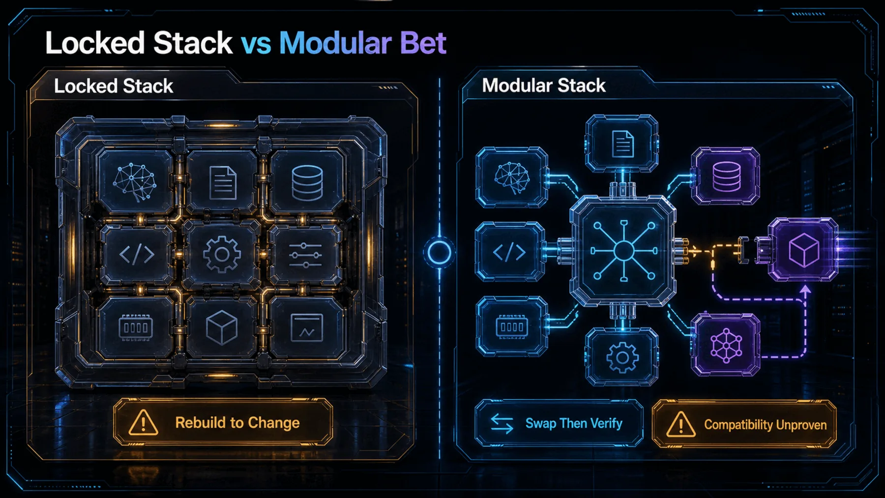 Comparison of a fused locked agent stack with a modular stack that still requires compatibility verification.