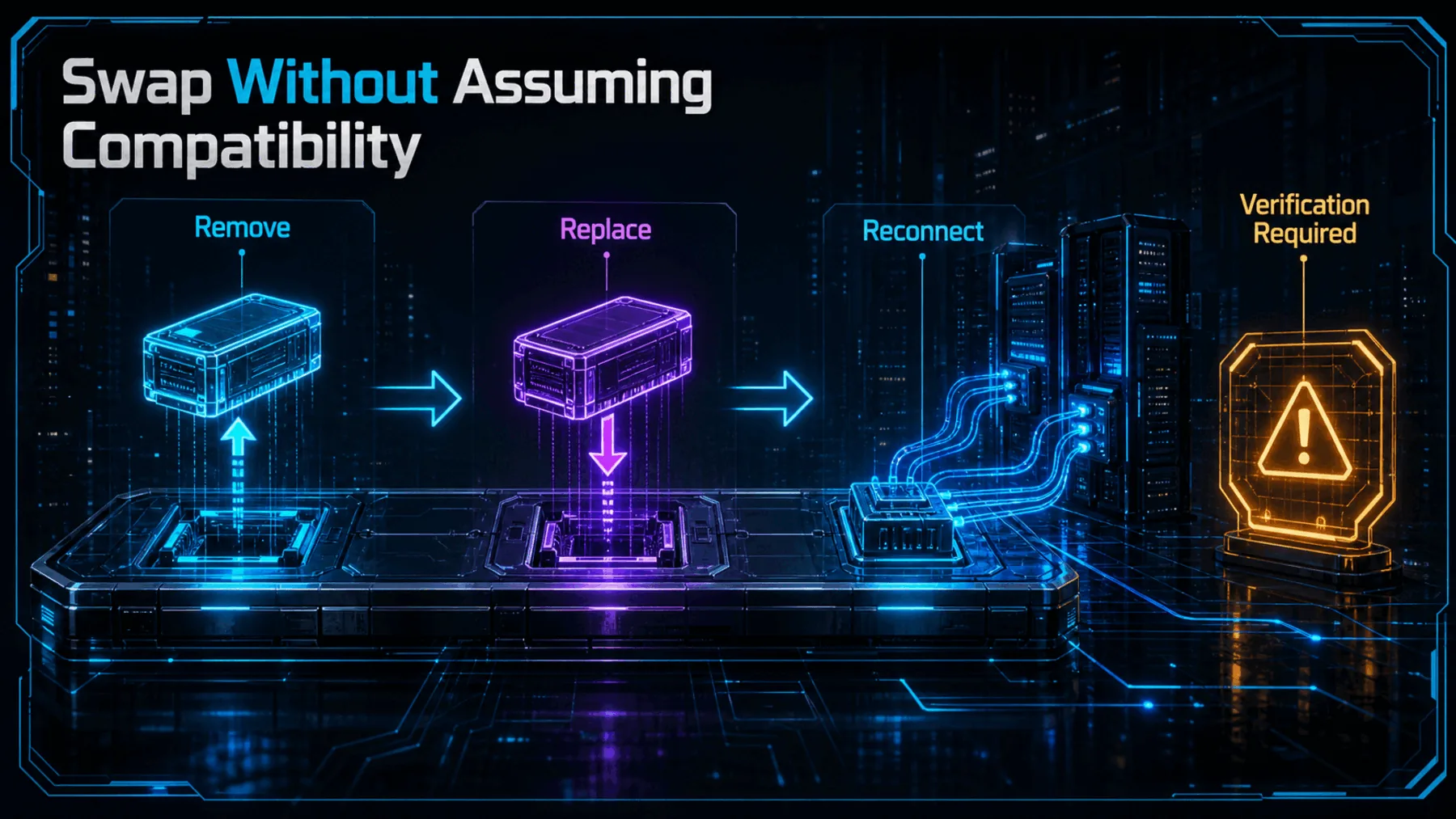 Conceptual remove, replace and reconnect workflow ending at a verification checkpoint.