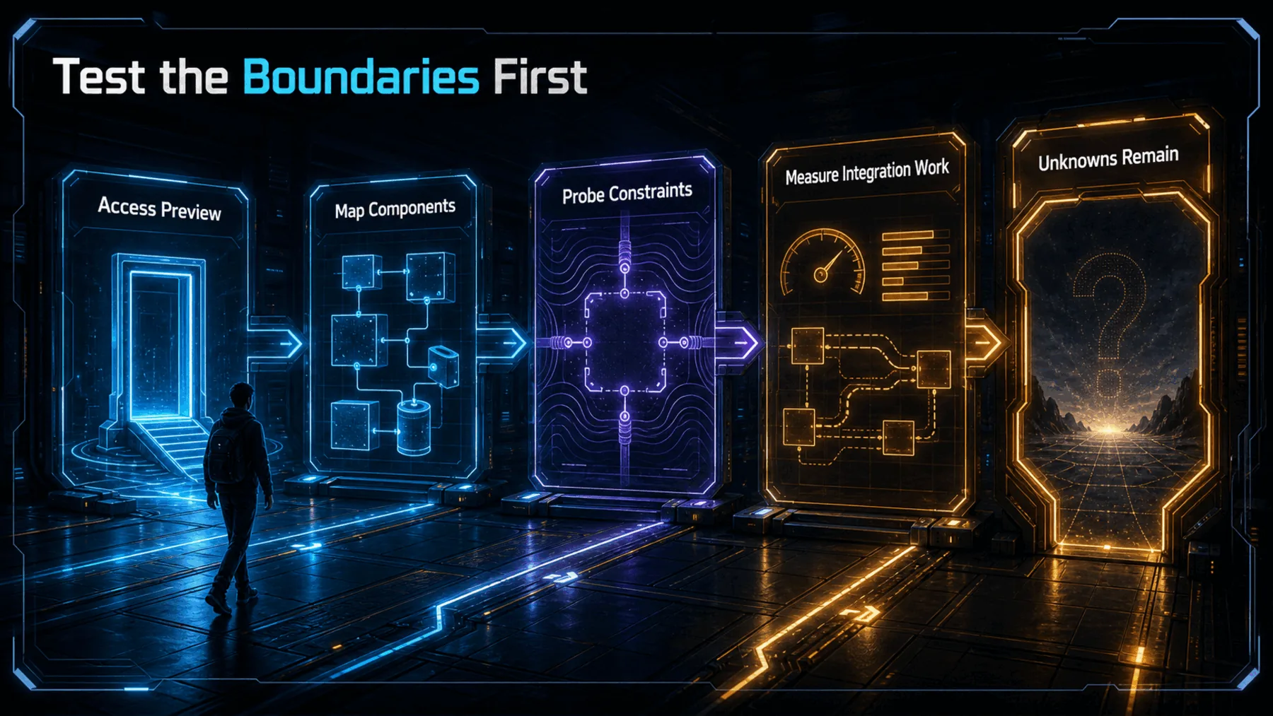 Developer evaluation path from preview access through component and constraint testing to unresolved unknowns.