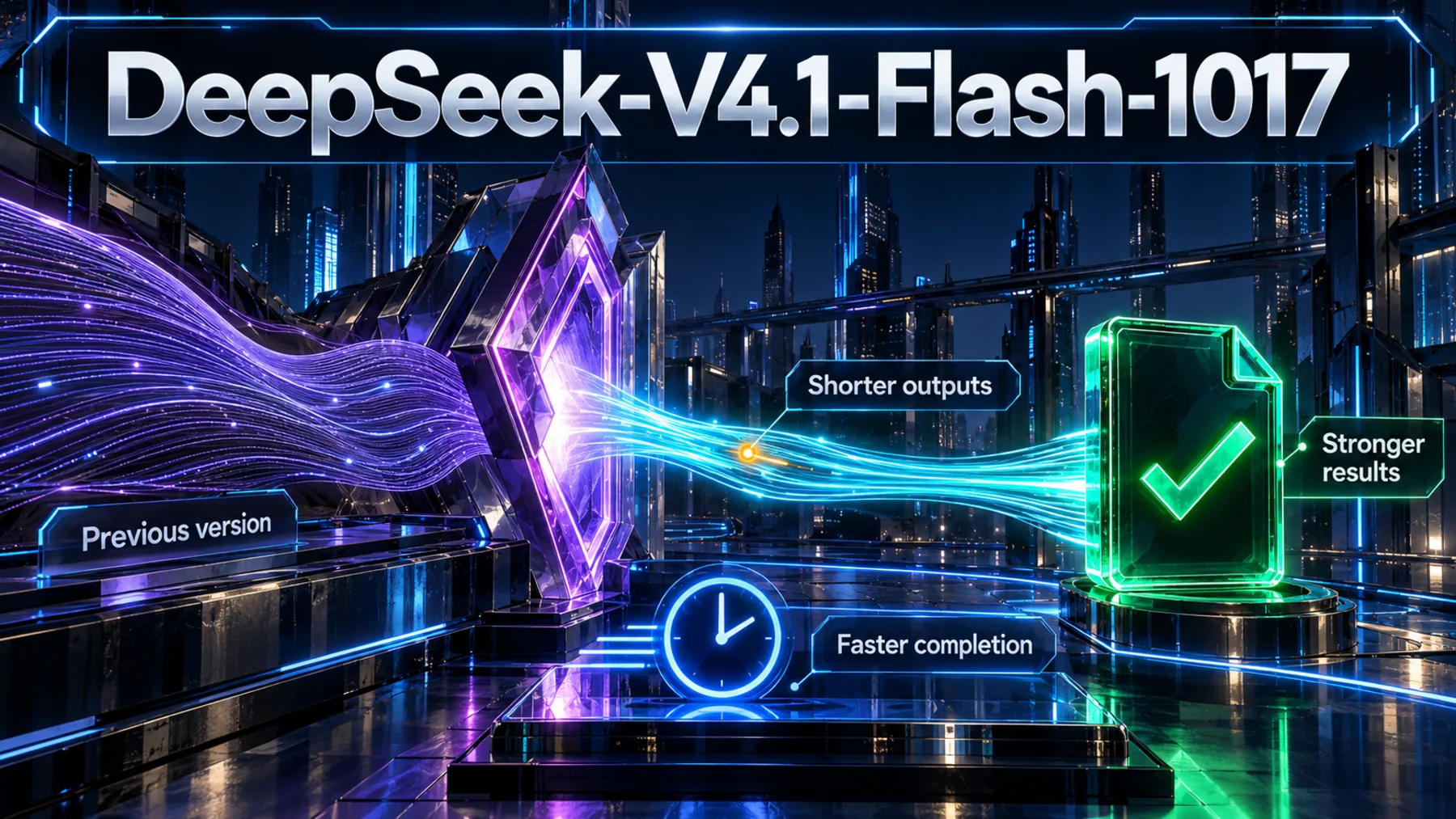 DeepSeek-V4.1-Flash-1017: stronger results, faster completion and shorter outputs versus the previous version, represented by a compact stream producing completed work.