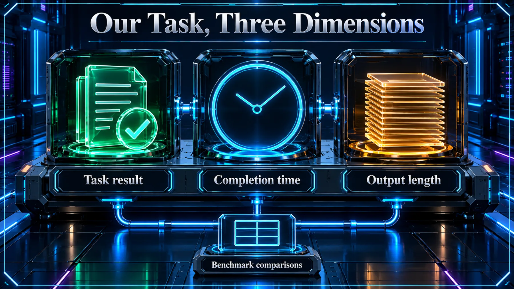 Our task has three distinct dimensions: task result, completion time and output length, leading into benchmark comparisons without numerical scales.