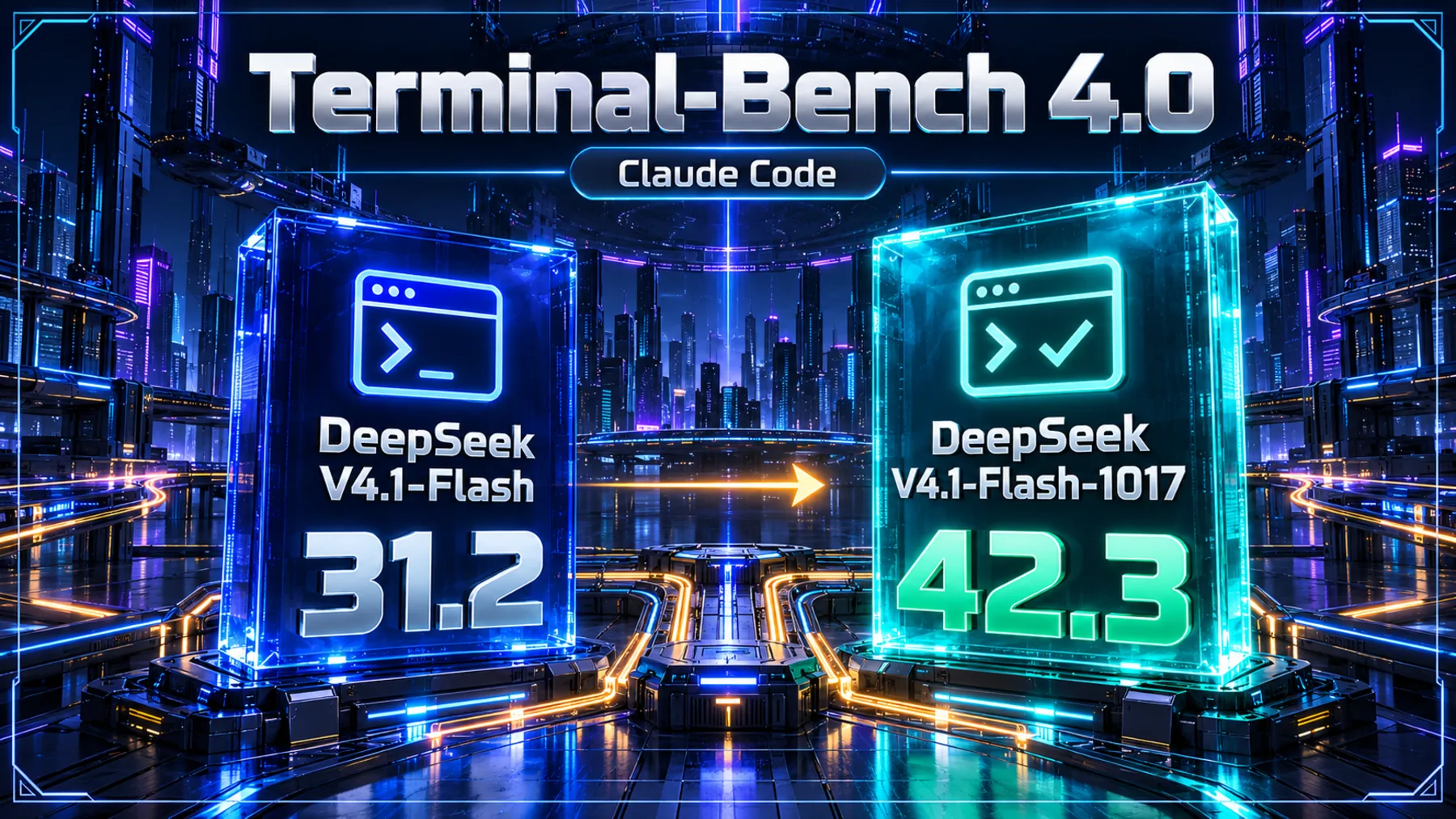 Terminal-Bench 4.0 with Claude Code: DeepSeek V4.1-Flash scores 31.2 and DeepSeek V4.1-Flash-1017 scores 42.3.
