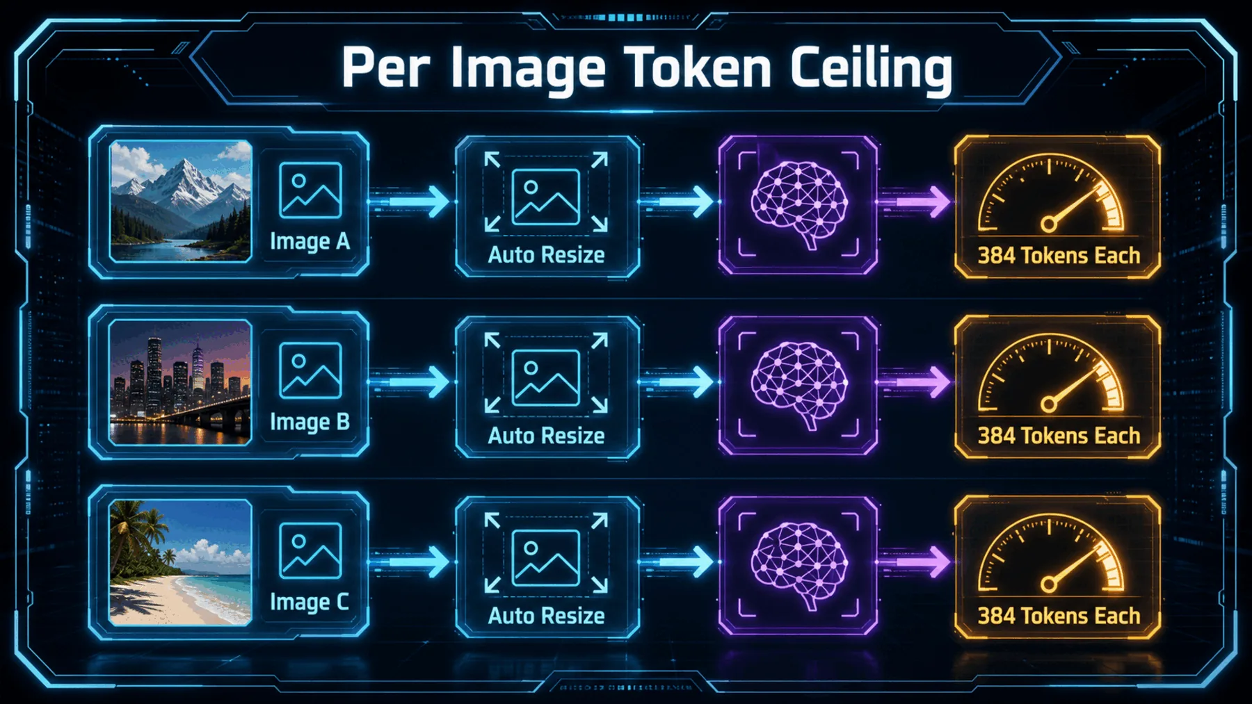 Three independent image paths each resize before a 384-token ceiling.