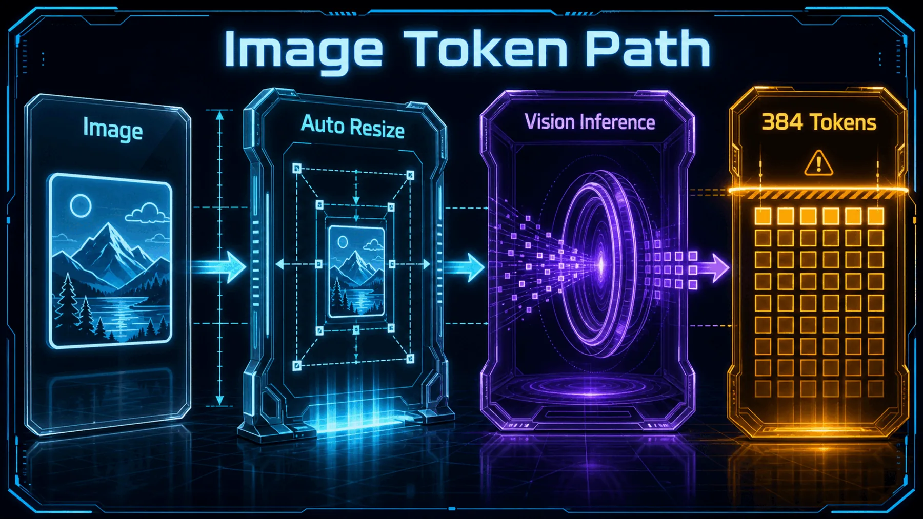 Neon image-processing path through resizing, vision inference and a 384-token ceiling.