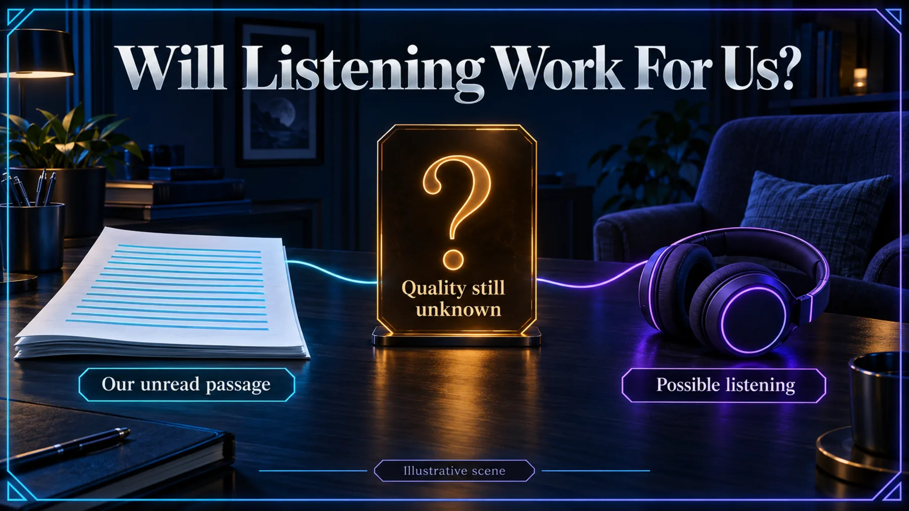 An illustrative unread passage beside waiting headphones keeps the potential listening experience and its quality unresolved.