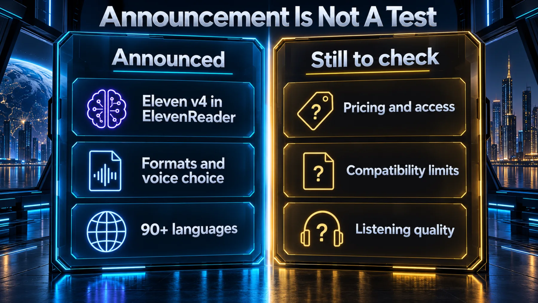 Announced integration, formats, voice choice and language count are separated from pricing, access, compatibility and listening-quality checks.