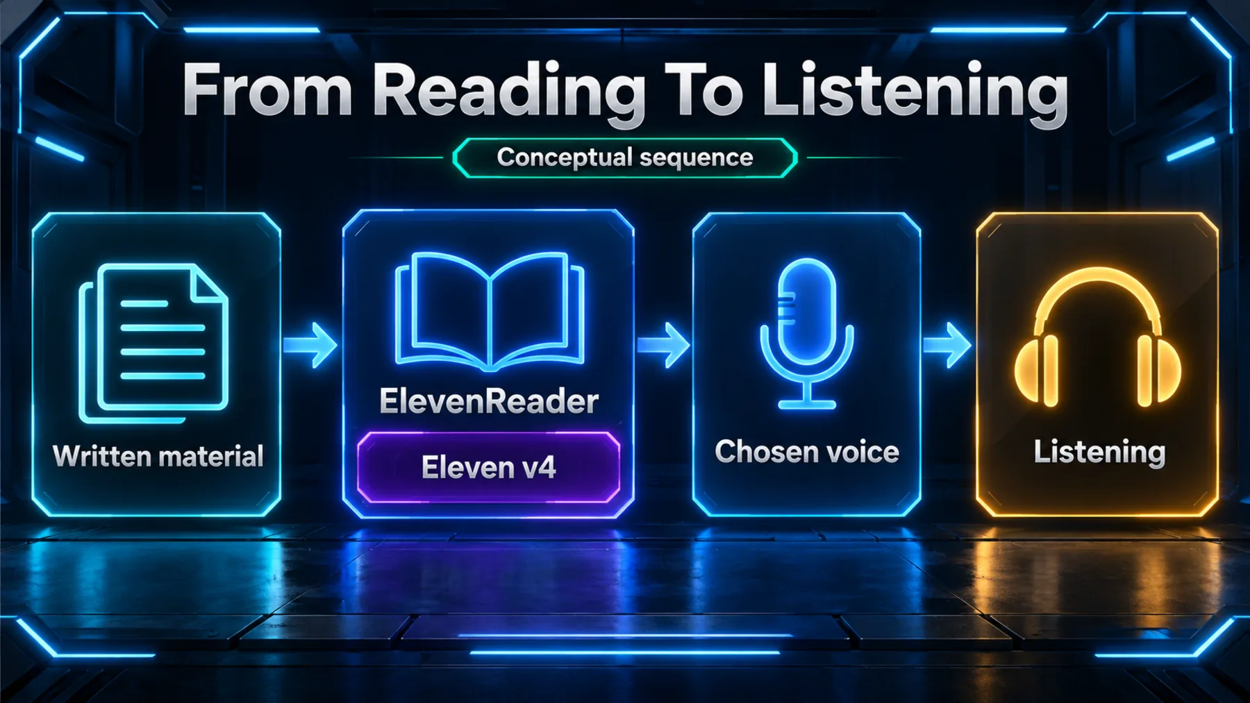 Conceptual sequence from written material through ElevenReader with Eleven v4 to chosen voice and listening; not verified app steps.