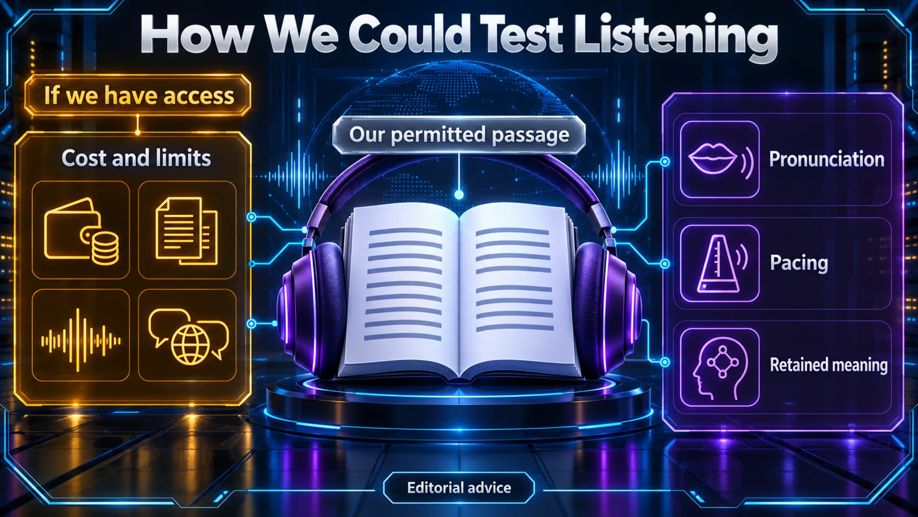A proposed editorial listening test separates conditional access, cost and limits checks from pronunciation, pacing and retained-meaning criteria.