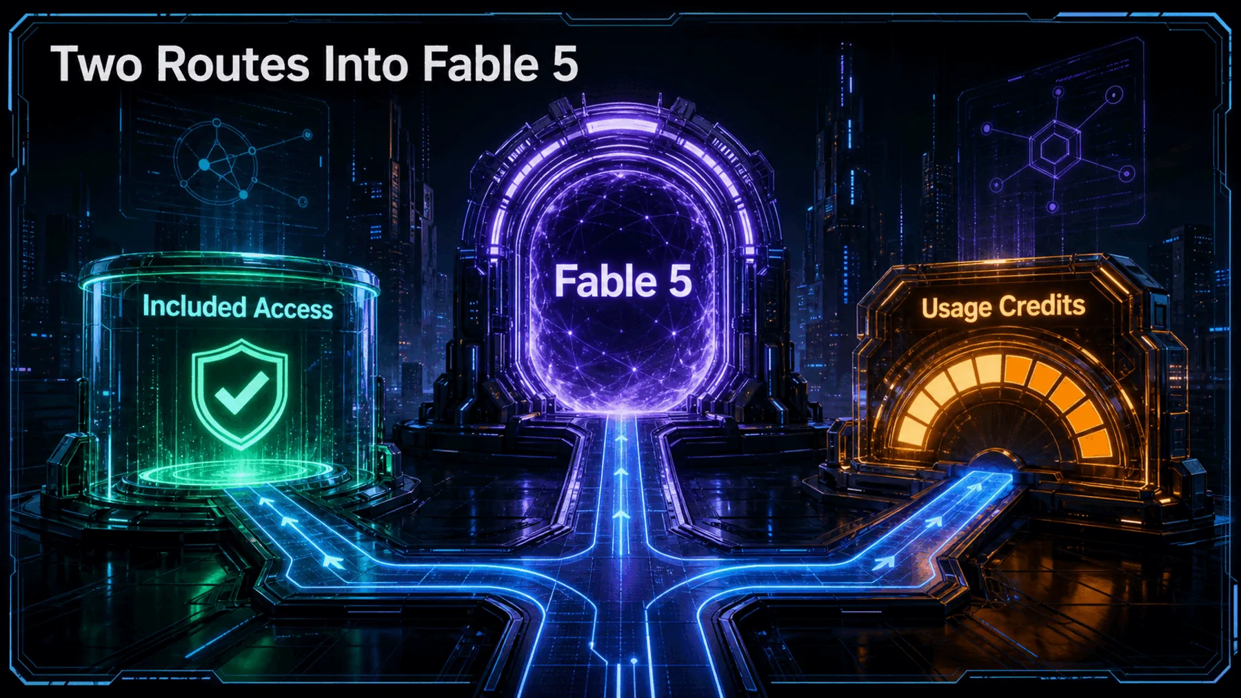A luminous Fable 5 gateway divides into included-access and usage-credit routes.