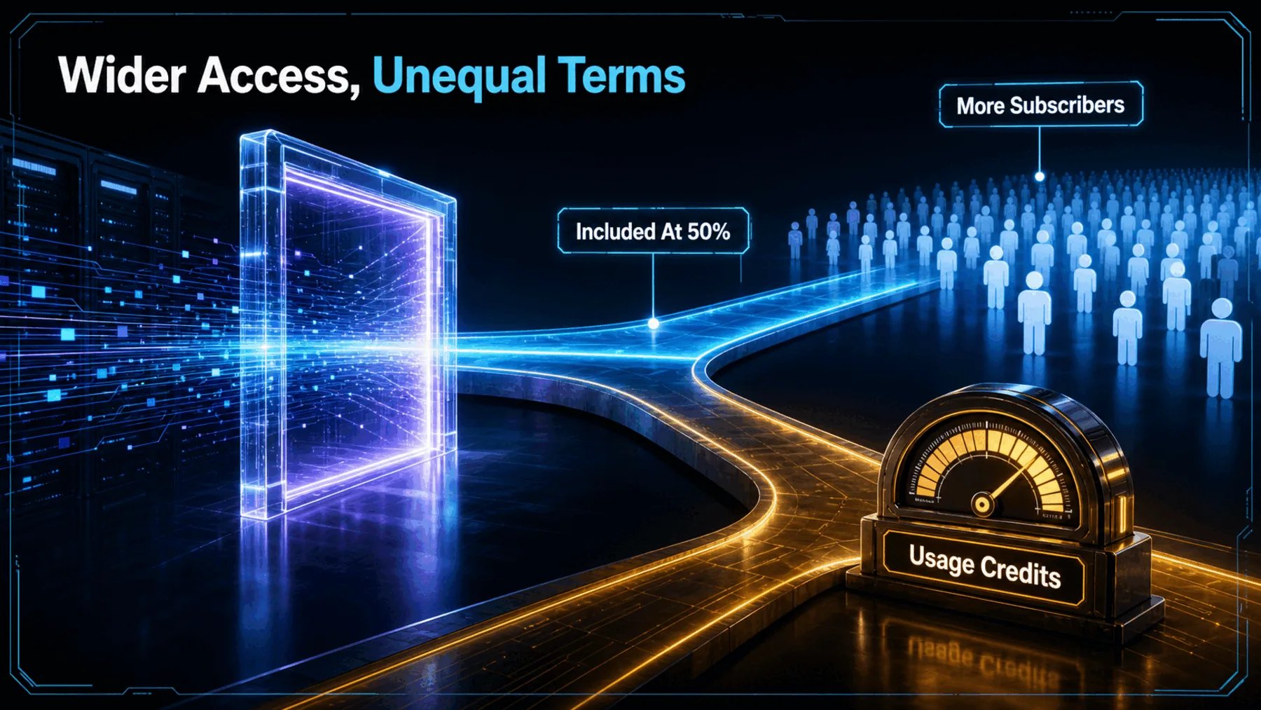 A wider gateway opens to more subscribers before splitting into unequal access terms.