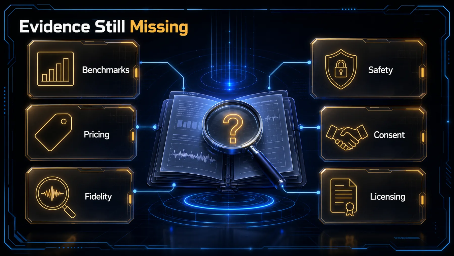 Evidence review cards identify missing benchmarks, pricing, fidelity, safety, consent and licensing information.
