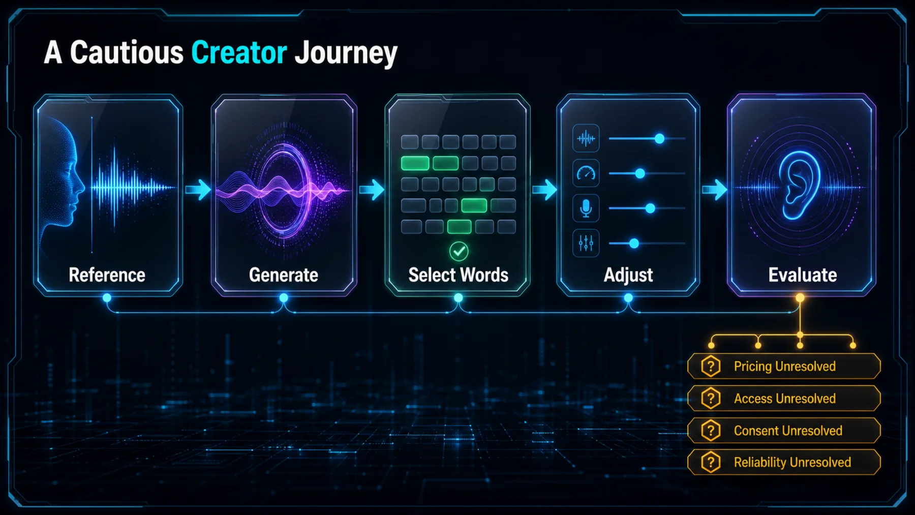 A five-step creator journey from voice reference to evaluation, with unresolved pricing, access, consent and reliability.