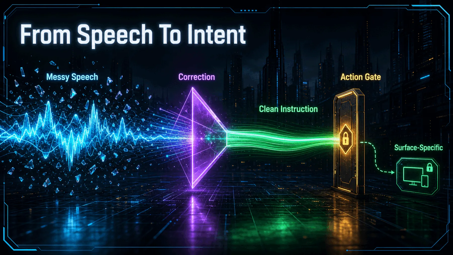 Messy speech becomes a clean instruction before a surface-specific action gate.
