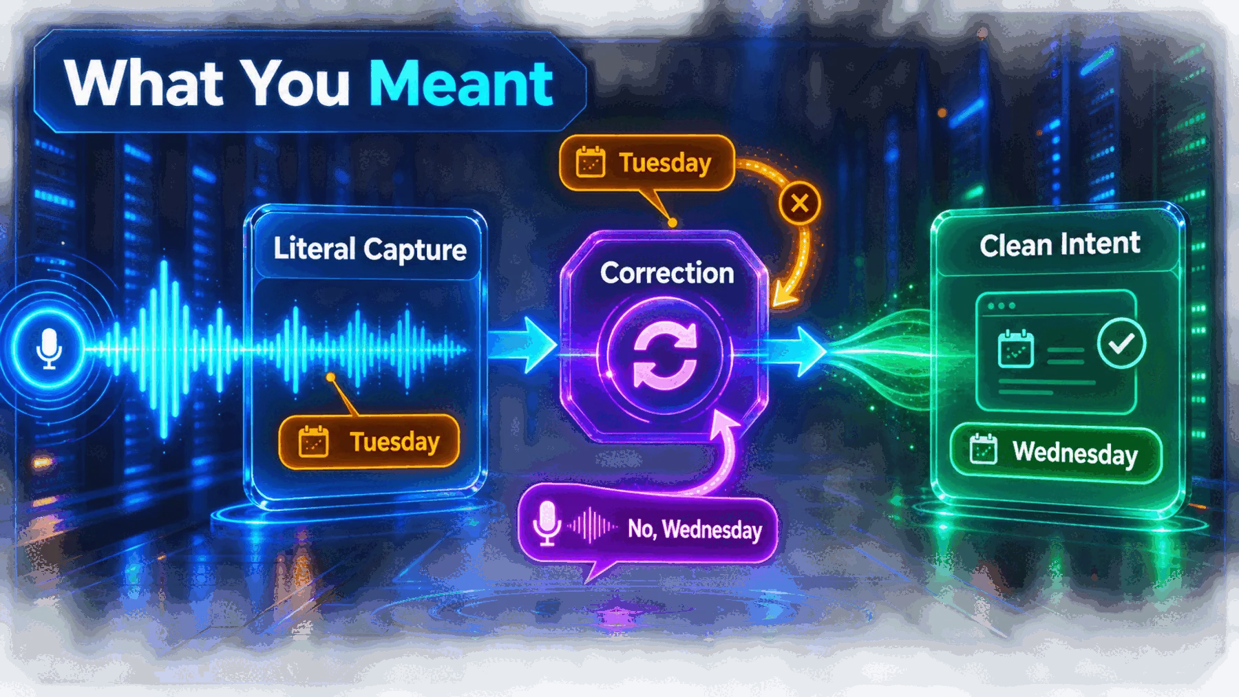A speech waveform changes Tuesday to Wednesday through a correction gate.