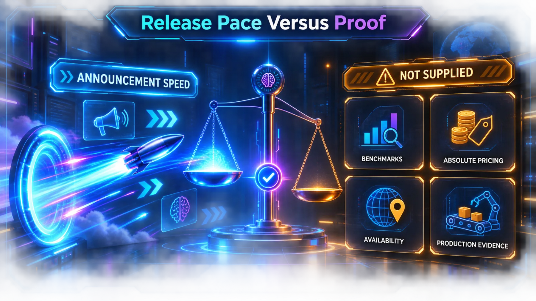 Neon balance graphic contrasting announcement speed with four categories of proof marked as not supplied.