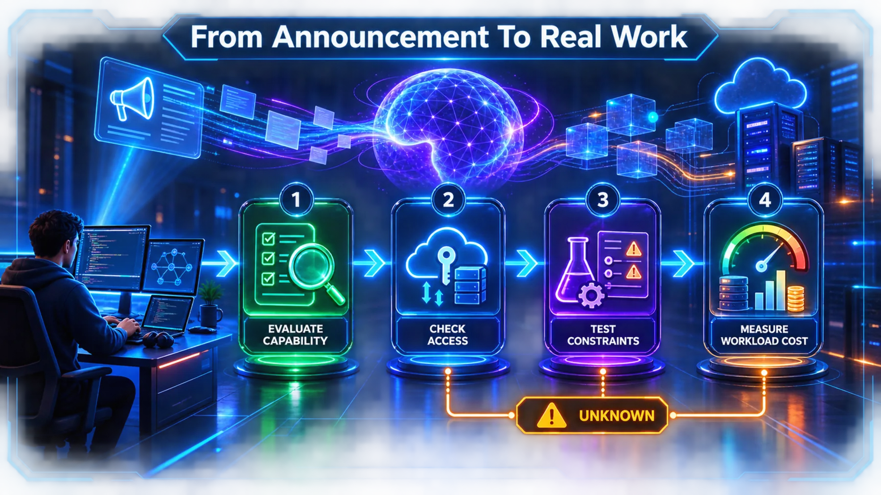 Four-stage neon developer journey from capability evaluation to measuring real workload cost, with undisclosed factors marked unknown.