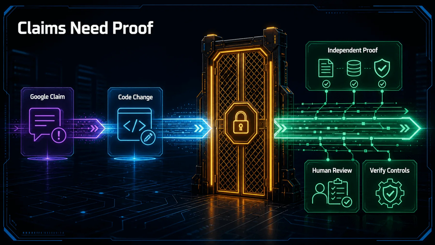 A code-change path approaches a verification gate separating a Google claim from independent proof.