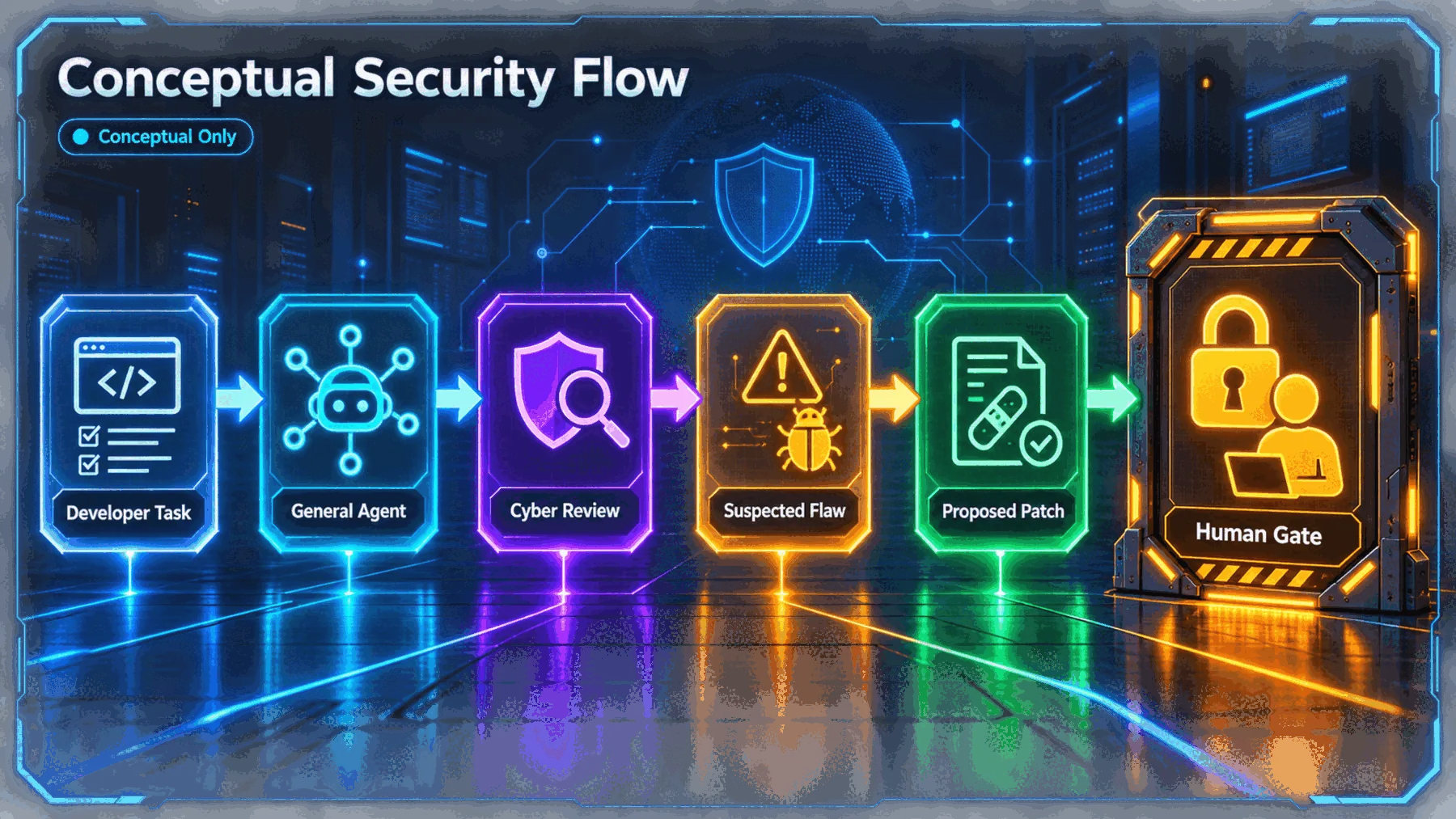 A clearly marked conceptual flow from developer task through cyber review and a human gate.