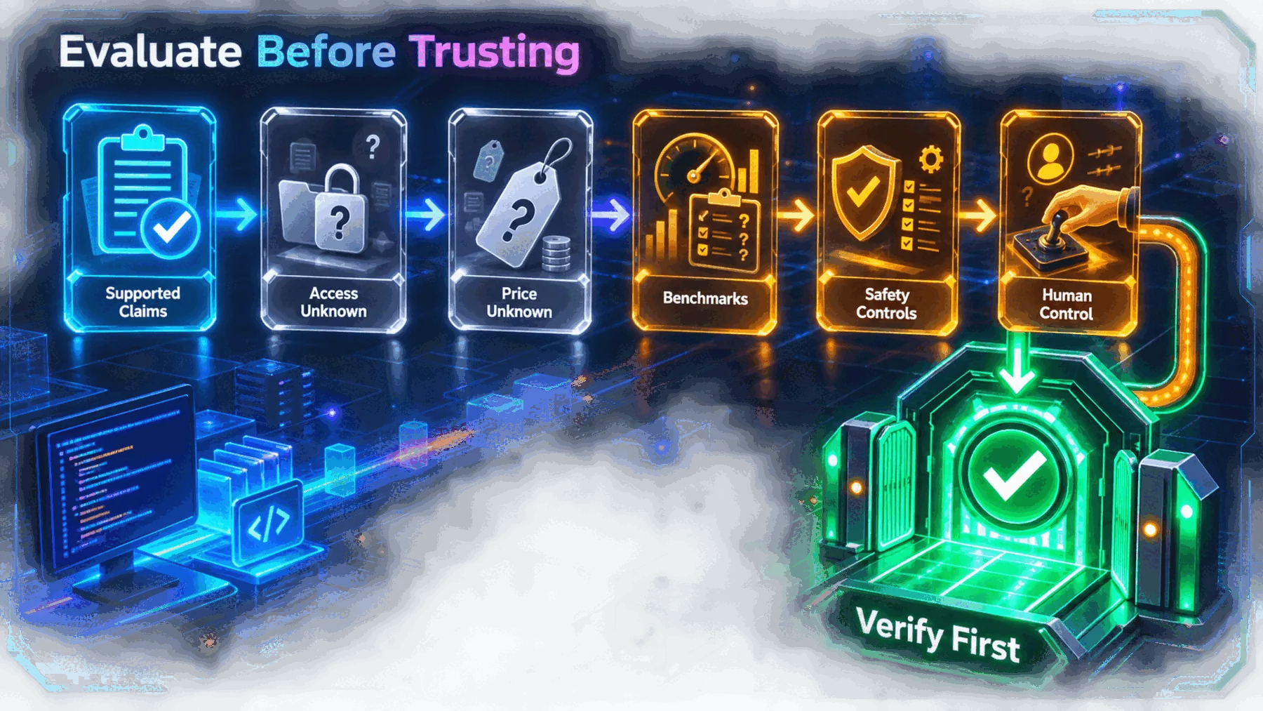 An evaluation path guides developers and security teams from supported claims and unknowns to verification of controls.