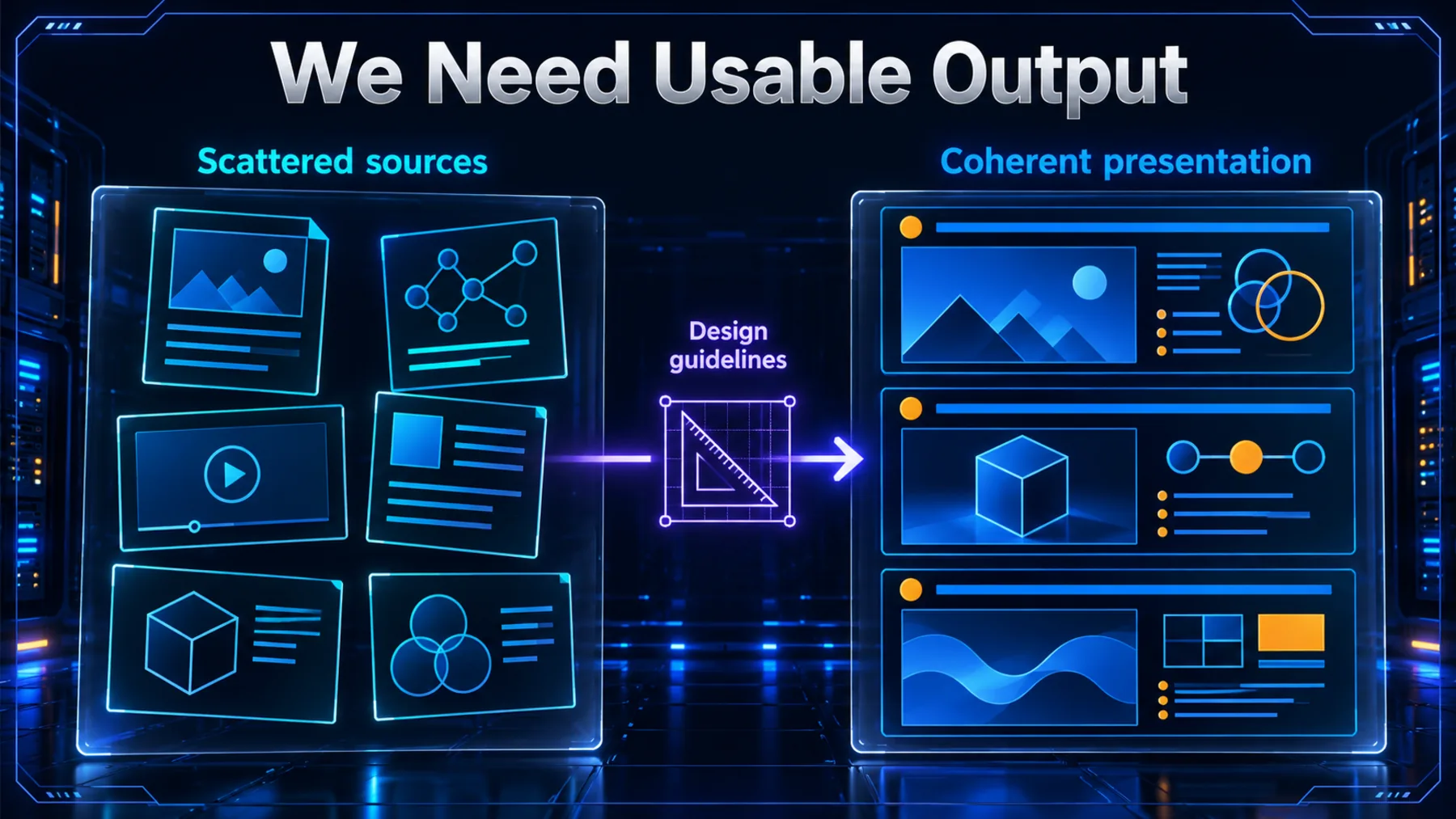 Scattered source material is organised through design guidelines into a coherent presentation.