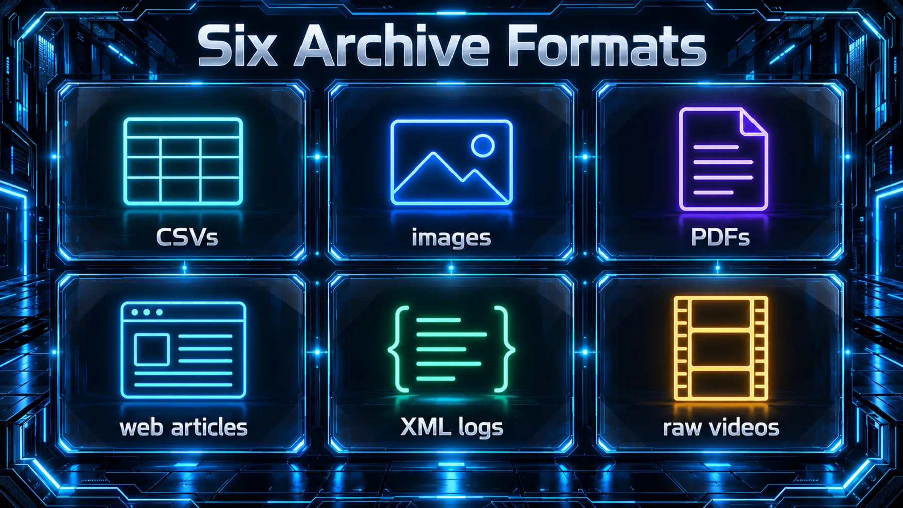 Six archive formats: CSVs, images, PDFs, web articles, XML logs and raw videos.