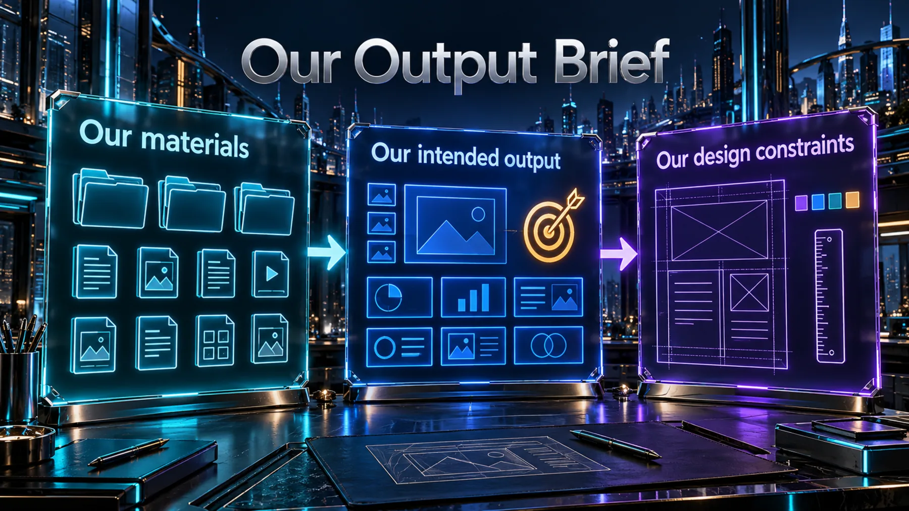 Our editorial planning path identifies our materials, our intended output and our design constraints.