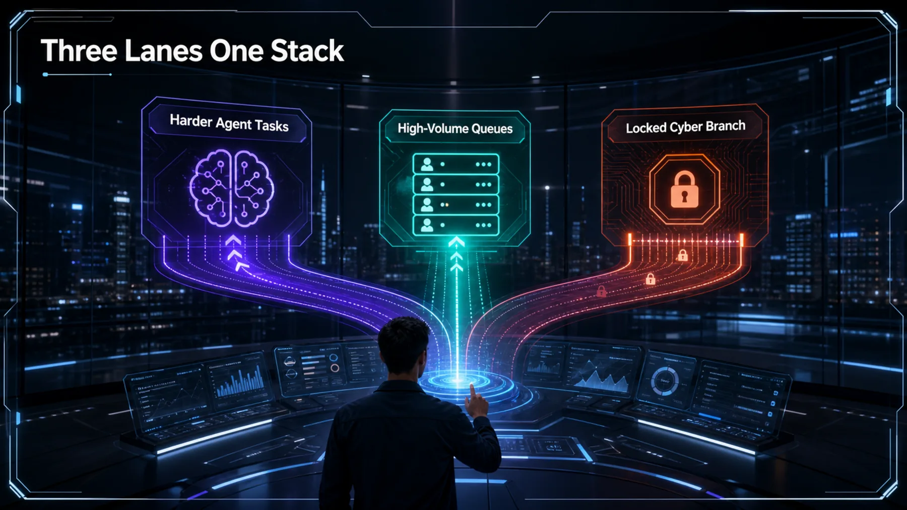 A builder routes work through harder-agent, high-volume and locked-cyber lanes in a futuristic control room.