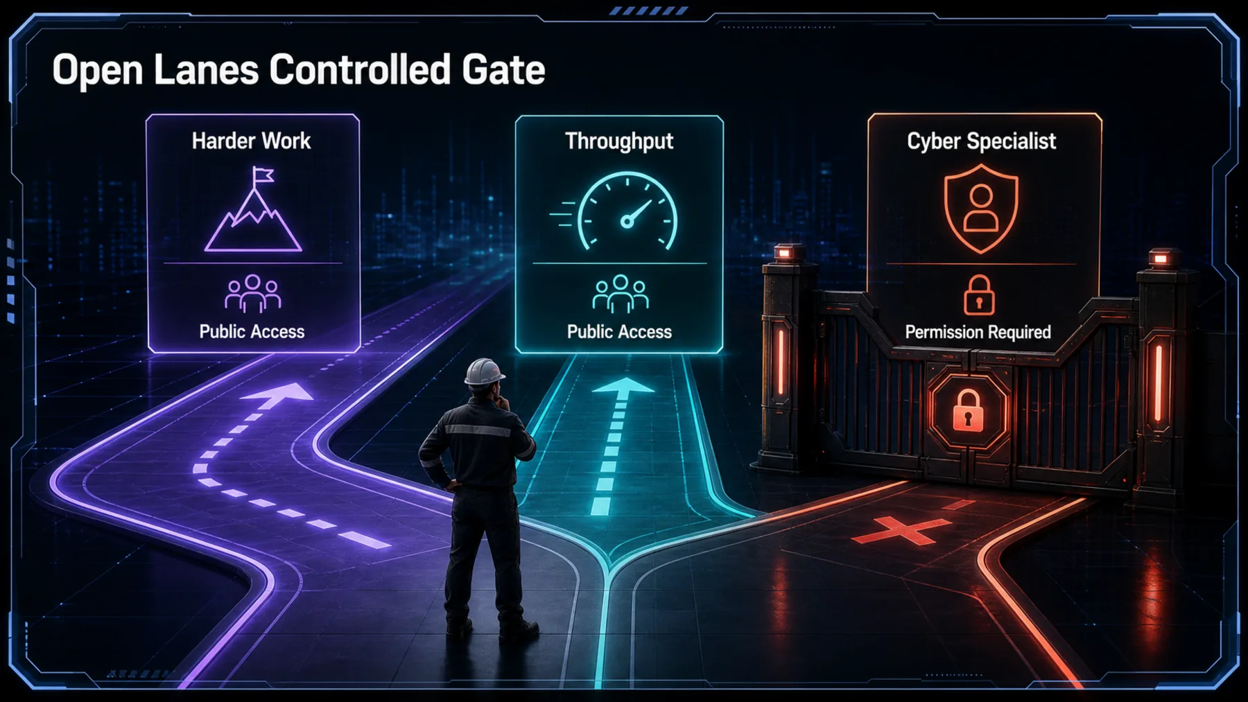 Two open workload lanes contrast with a permission-gated cyber-specialist route.