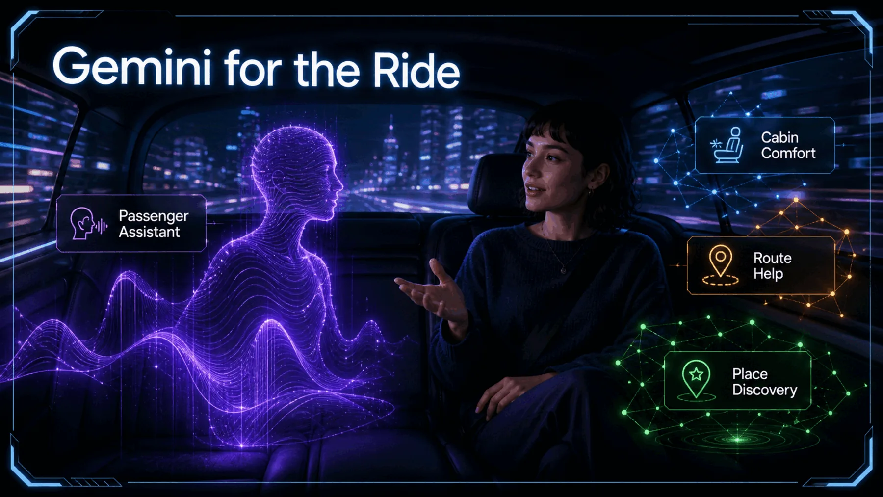 Rear-seat passenger speaking with a luminous companion for cabin, route, and place assistance.