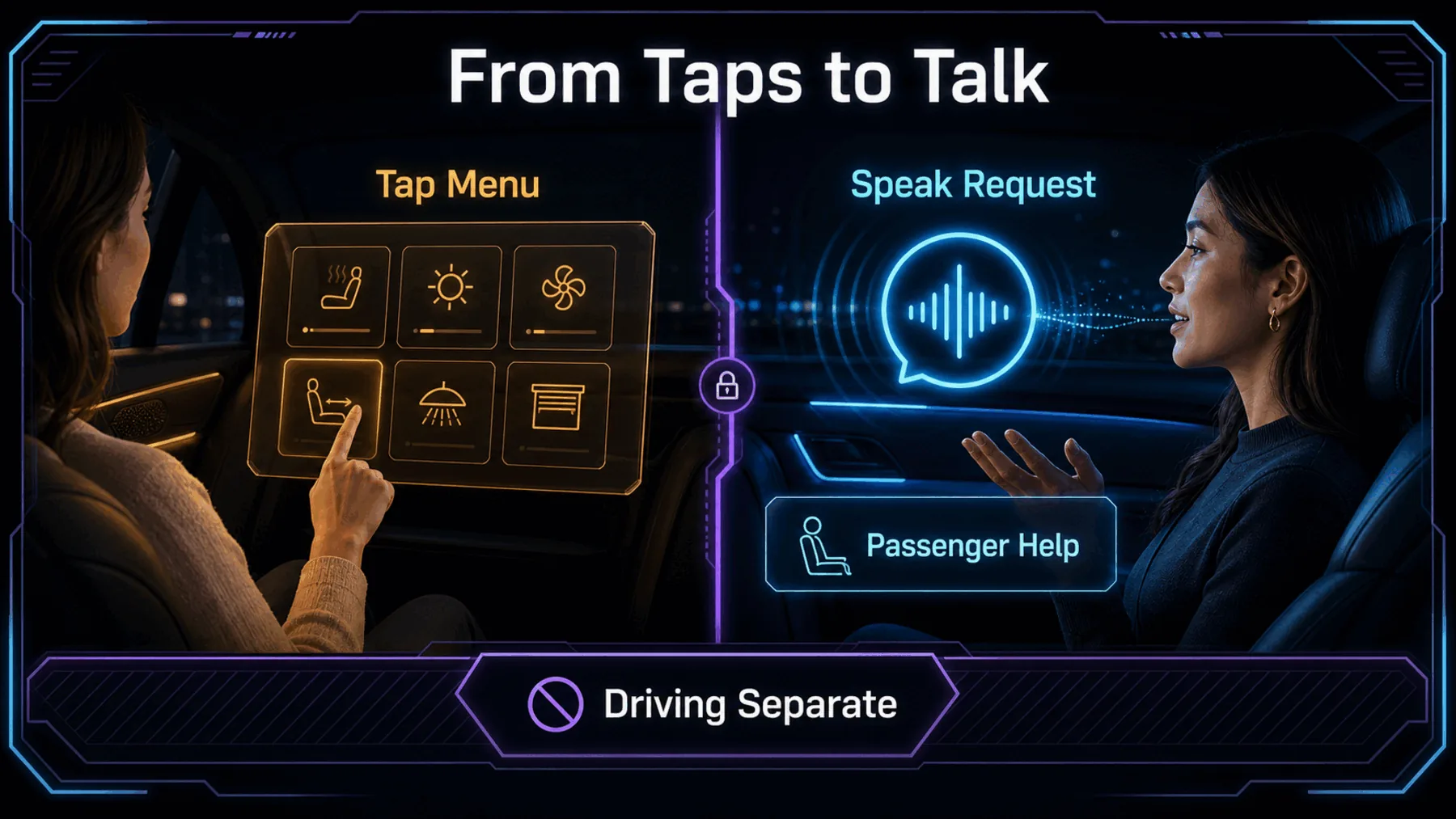 Before-and-after rear-seat visual contrasting a menu tap with a spoken passenger request.