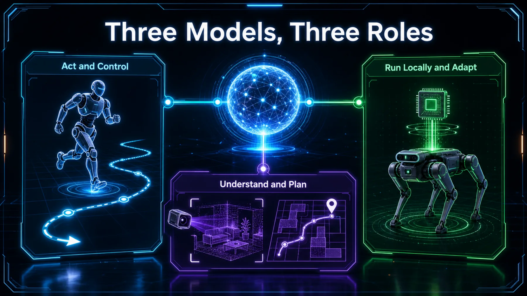 A neon three-role map distinguishes acting and control, understanding and planning, and local adaptation.