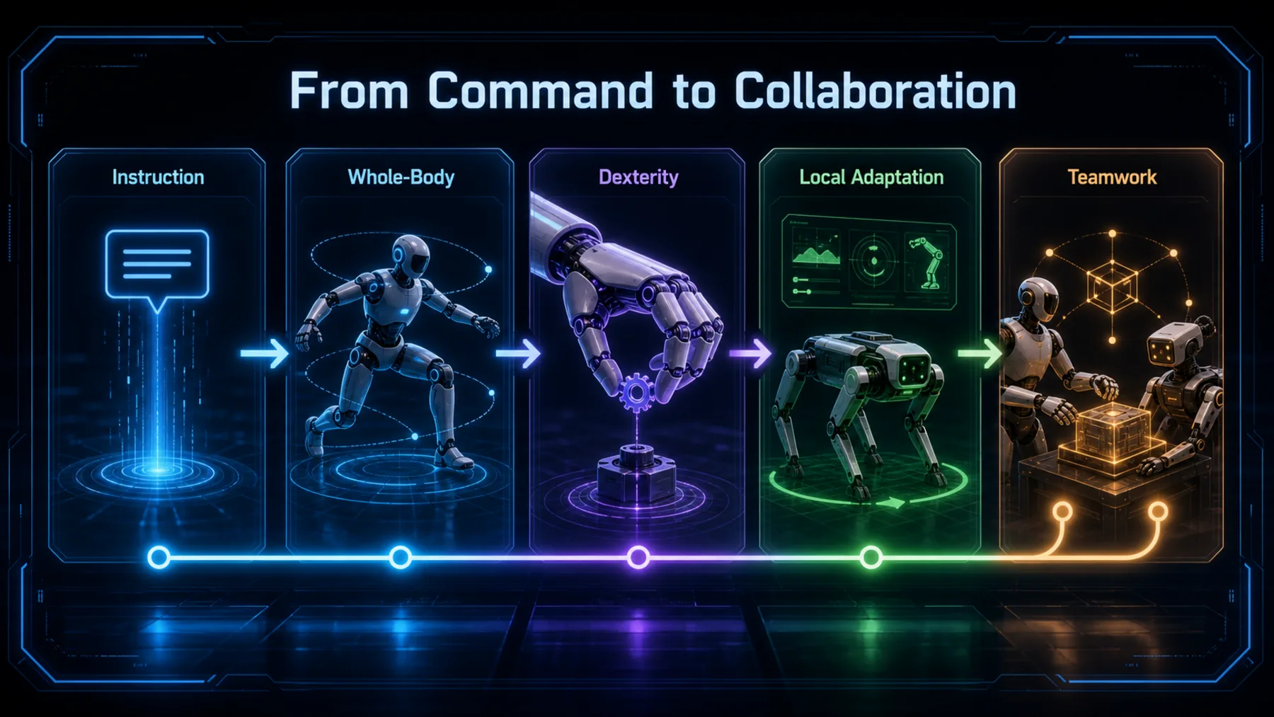 A five-stage neon journey moves from instruction through embodied control and adaptation to symbolic robot teamwork.