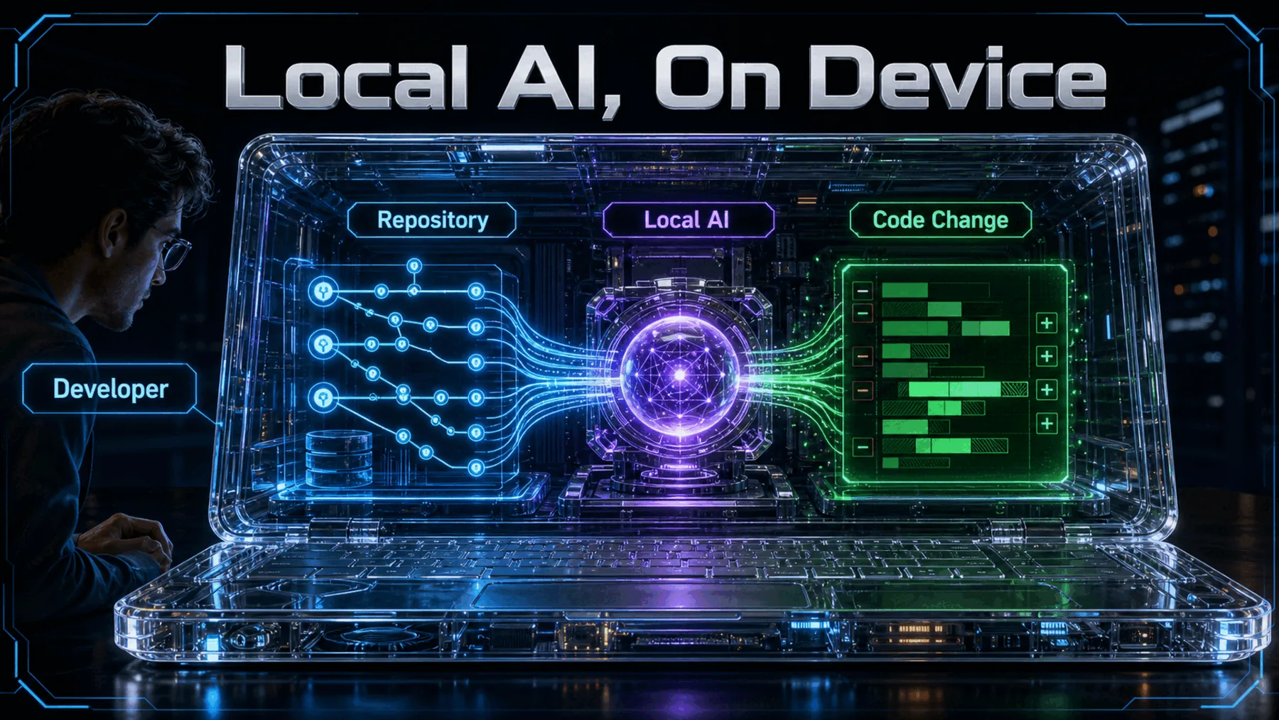 A developer and local AI code workflow contained inside a glass laptop.