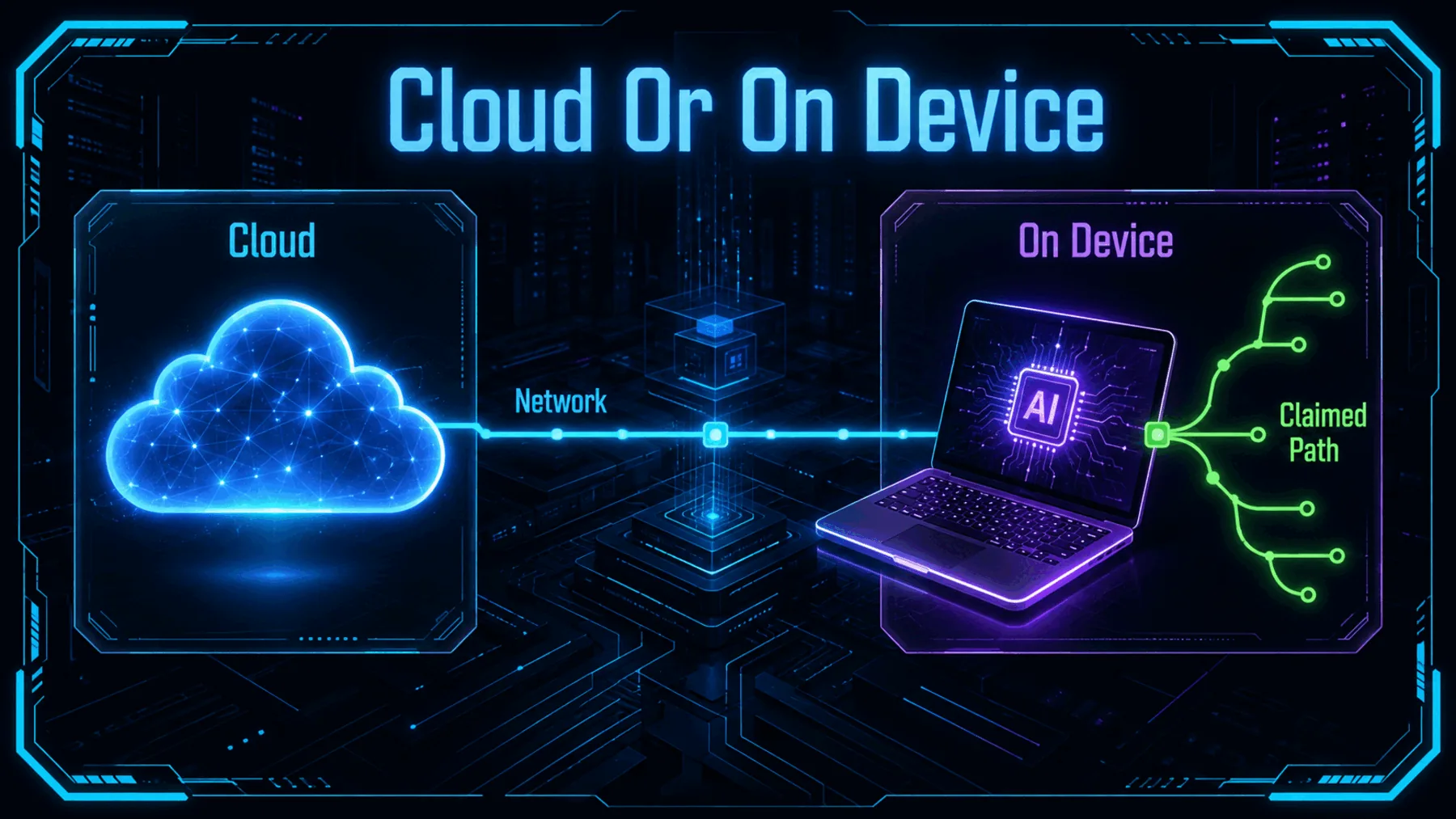 A conceptual comparison between cloud dependency and a claimed on-device path.