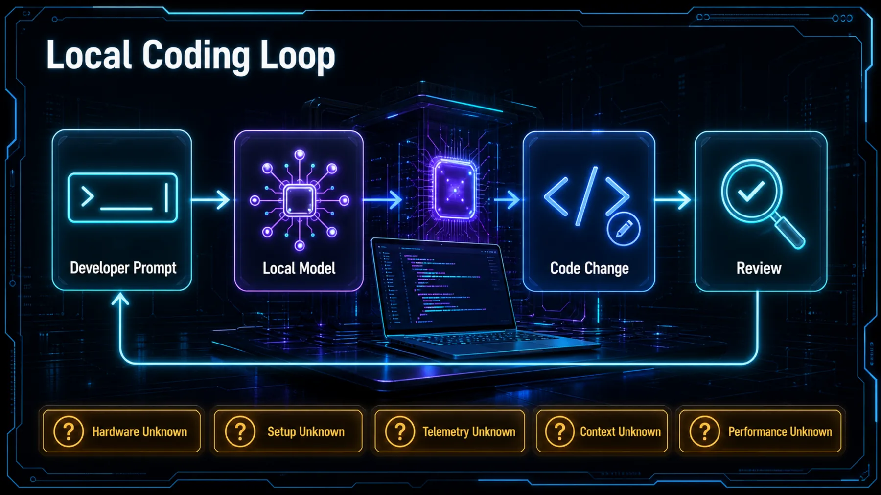Neon infographic showing a developer prompt flowing through a local model to a code change and review loop, with five explicitly marked unknowns.