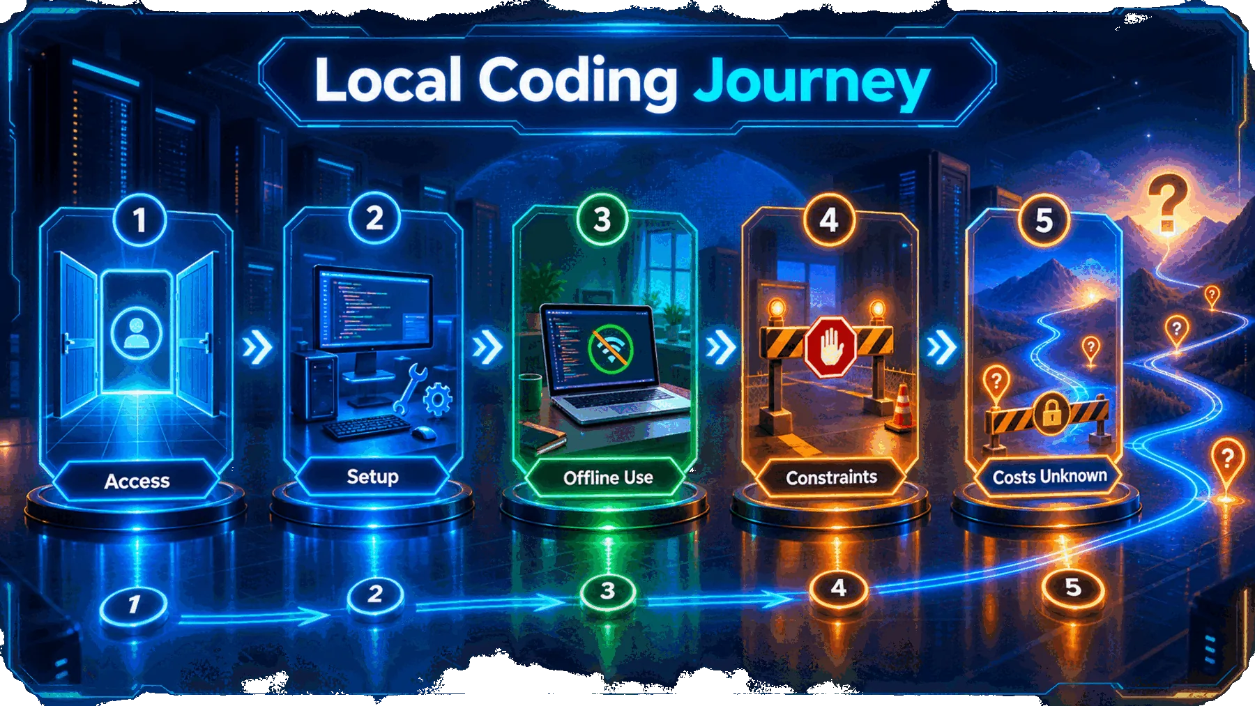 A five-stage caveated local coding journey from access through unknown costs.