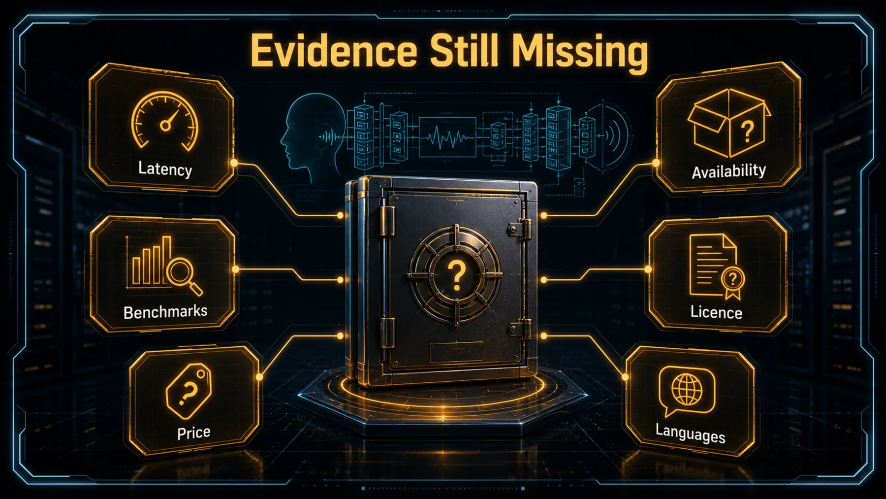 A sealed evidence vault surrounded by six unanswered questions about latency, benchmarks, price, availability, licence and languages.