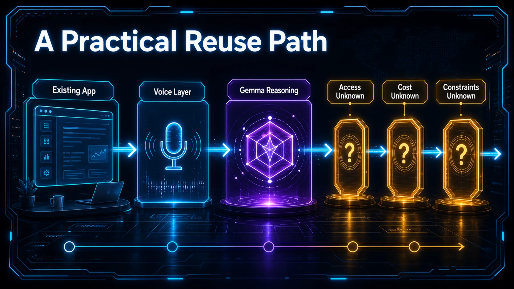 An existing app connects through a voice layer and Gemma reasoning core toward unanswered access, cost and constraint checkpoints.