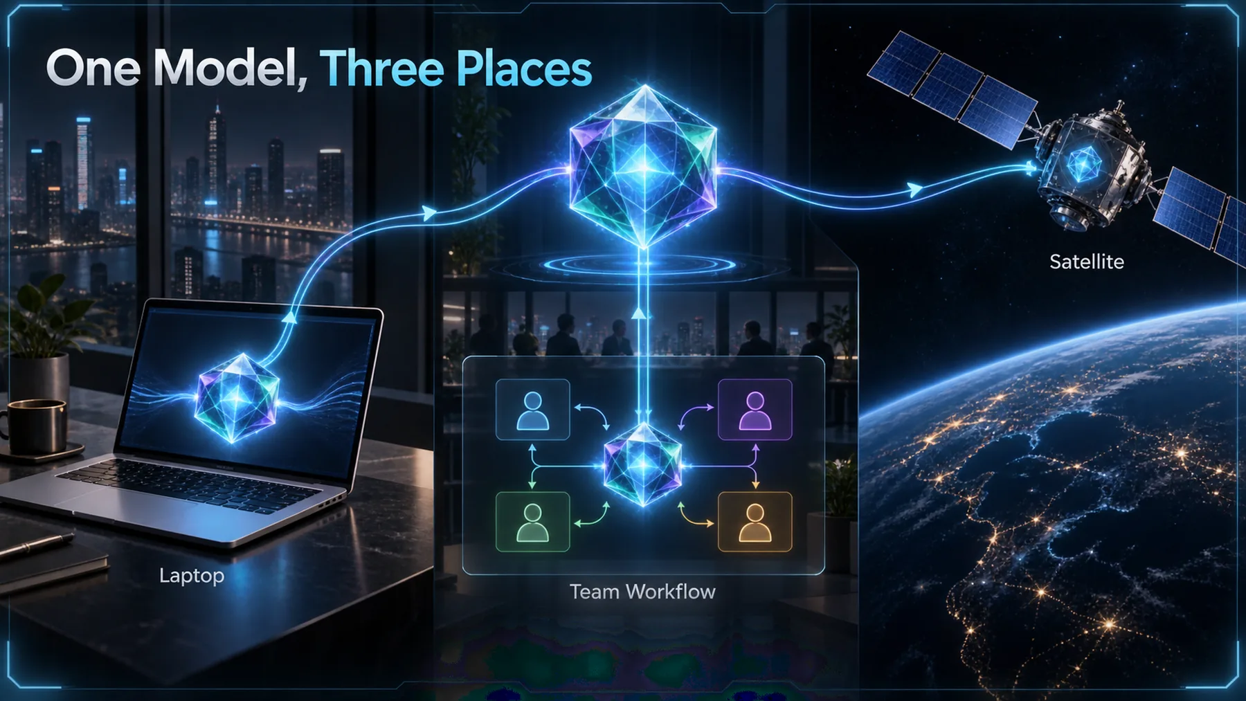 Explanatory illustration of one model family running on a laptop, in a team workflow and on a satellite.