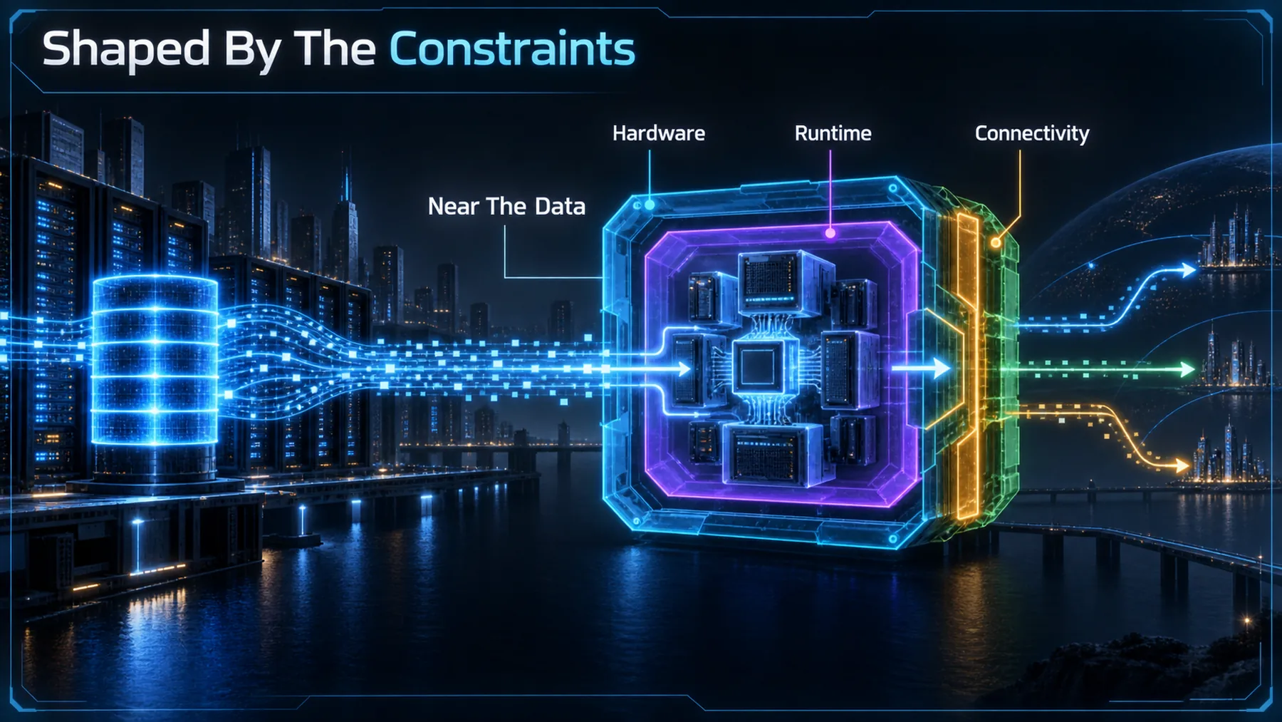 Explanatory figure showing local processing bounded by hardware, runtime and connectivity constraints.