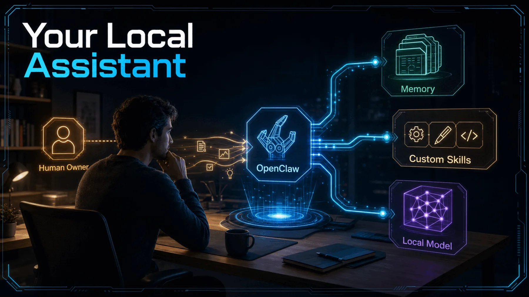 A human owner at a workstation connects through OpenClaw to memory, custom skills and a local model.